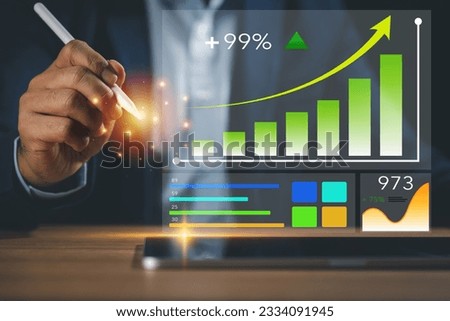 KPI Businessman data analytics working on business analytics dashboard with charts metrics to analyze performance, management organization strategy performance and AI technologies on virtual screen