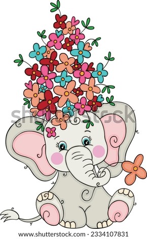 Cute elephant with bouquet of flowers on its head
