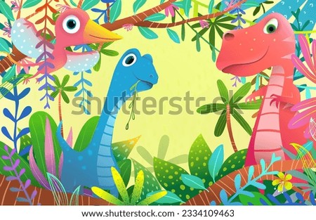 Cute Baby Dinosaurs in Prehistoric Forest, Design for Children. Colorful and Playful imaginary dino animals wallpaper. Vector funny dinosaur, vector background design for kids.