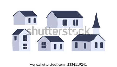 Rural houses set. Country homes, countryside church. Residential and public buildings exterior, property, real estate of small town, village. Flat vector illustrations isolated on white background