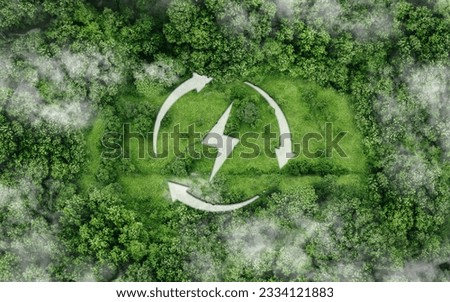 The renewable energy icon on the nature background in The concept energy friendly for a sustainable environment. Green, clean energy source and hydrogen technology eco Royalty-Free Stock Photo #2334121883