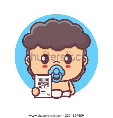 cute baby cartoon with qr code mobile. vector illustration, mascot, icon, sticker.