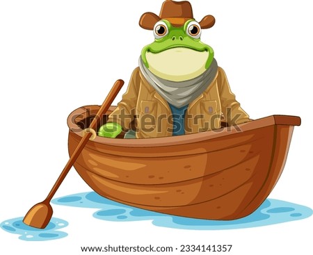 Green frog on paddle boat cowboy style illustration