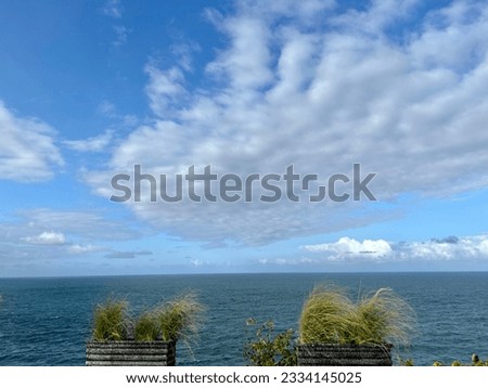 The view of coast line or horizon or blue ocean or sea or water with clear blue sky on sunny day or summer