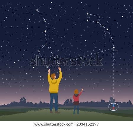 Night starry sky with constellation Ursa Major and Ursa Minor. Dad and Daughter use Big Dipper to find Polaris, North Star, which leads to Little Dipper.  Evening landscape with field and fores.