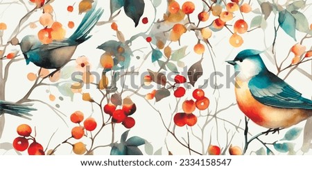 Wildlife abstract pattern, colorful seamless print with birds, flowers, leaves and berries on tree branches. Watercolor autumn illustration on white background
