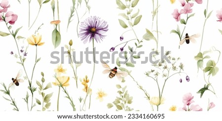 Delicate floral seamless pattern with abstract wildflowers, green branches, flying dragonflies and bumblebee, watercolor garden illustration on white background, print for wallpapers, textile, cover Royalty-Free Stock Photo #2334160695
