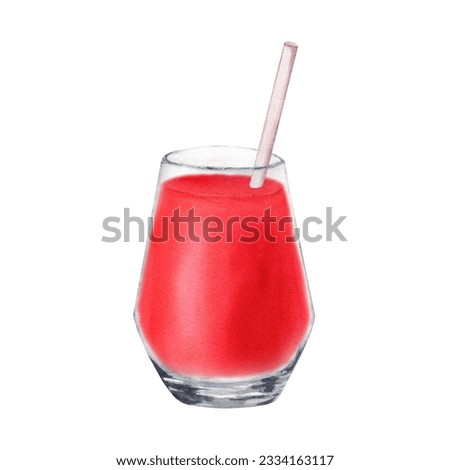 A glass of fresh tomato juice with a straw. Hand drawn watercolor illustration isolated on white for clip art decor menu