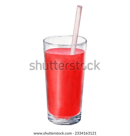 A glass of tomato juice with a straw. Hand drawn watercolor illustration isolated on white for clip art decor menu