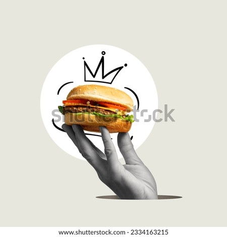 A hand holds a burger with a hand-drawn crown. Art collage.