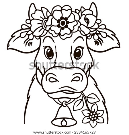 Cartoon cow in floral crown. Cute baby animal nursery print