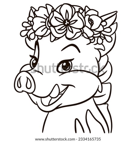 Cartoon baby boar in floral crown. Cute baby animal nursery print