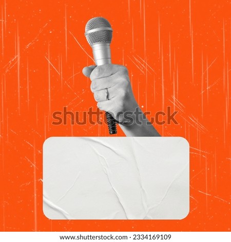 Art collage, Hand with the microphone on red background with wet paper and copy space. The concept for news, advertising, or a call to action. Royalty-Free Stock Photo #2334169109
