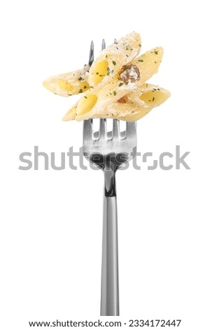 Fork with tasty pasta isolated on white Royalty-Free Stock Photo #2334172447