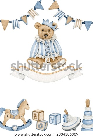 Baby background.Premade metrics template.Childish card.Bear and toys.Baby shower.It's a boy.Flyer design