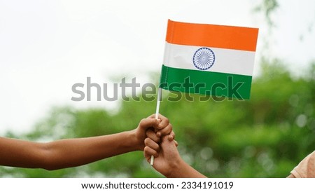 Beautiful Indian flag photo against white and green background. India Republic Day celebration