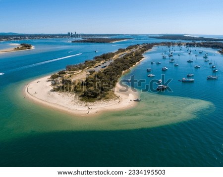 An aerial view of the Spit with ships and boats and a beautiful ocean at Gold Coast, Australia Royalty-Free Stock Photo #2334195503