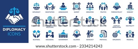 Diplomacy icon set. Containing ambassador, negotiation, embassy, diplomat, neutrality, foreign policy, consulate, international relations and peace treaty. Solid icons vector collection. Royalty-Free Stock Photo #2334214243