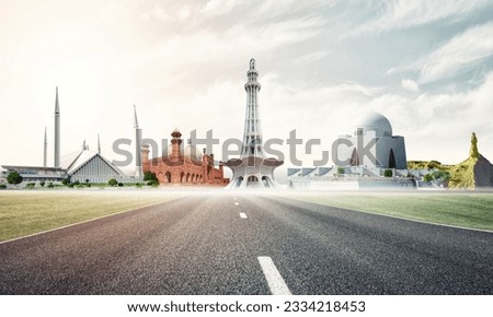 Pakistan Monuments.Quaid-e-Azam Tomb. Minar e Pakistan. Khyber Gate. Faisal Mosque. Badshahi Mosque. Royalty-Free Stock Photo #2334218453