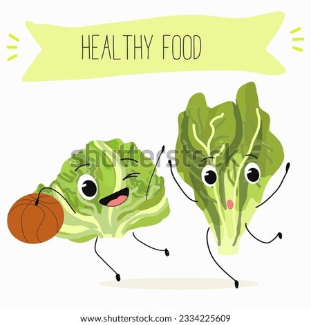 Illustration with funny cartoon characters romano, lettuce,iceberg, salad, vegetable. Funny and healthy food. Vitamins, cute face food, ingredients, vegetarian, vector cartoon.