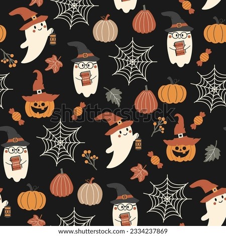Halloween seamless pattern. Vector illustration of Halloween party. Cute ghosts, spider web and pumpkins on a dark background. Vector cartoon seamless pattern.