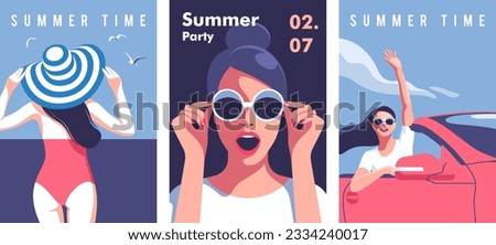 Summer time.  Concept of vacation, party and travel. Young woman in red swimsuit on the beach. Portrait of beautiful woman with sunglasses. Woman with arm up having in convertible car.