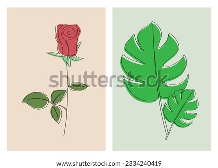 Floral and foliage one line art color illustration vector for print, cover, wallpaper, minimal and natural wall art.