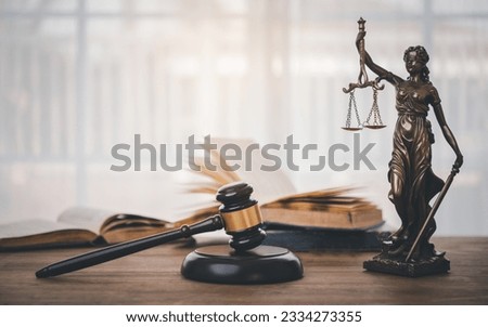 Law theme, mallet of the judge, law enforcement officers, evidence-based cases and documents taken into account