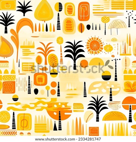 orange seamless pattern with tropical plants, palms and palm tree. Endless tile, vacation, yellow. 
