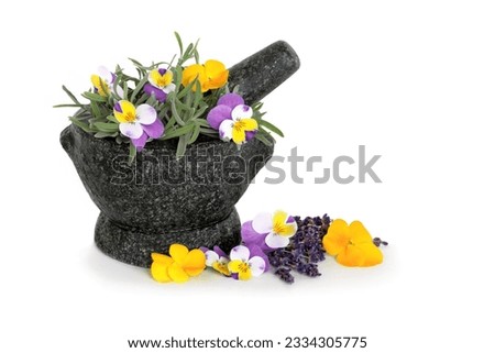 Lavender herb leaf sprigs and viola flowers in a hand carved granite mortar with pestle, over white background. Beneficial for skincare.