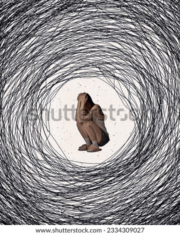 Tangled thoughts and overthinking, Young woman suffering from depression and mental breakdown. Contemporary art collage. Concept of mental health, inner world, psychology, feelings. Conceptual design Royalty-Free Stock Photo #2334309027