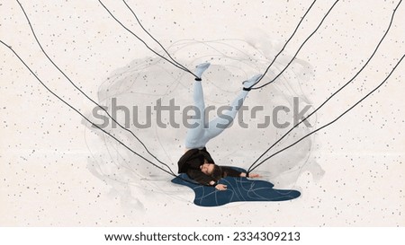 Social manipulation. Young woman with strings suffering from social opinion. Contemporary art collage. Concept of mental health, inner world, psychology, feelings. Conceptual design