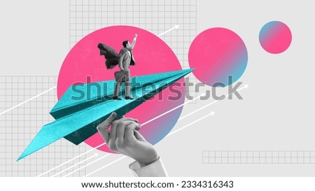 Young motivated man, employee, trainee flying his way to professional success. New path. Contemporary art collage. Concept of business, professional challenges, ambitions, office, career, ad Royalty-Free Stock Photo #2334316343