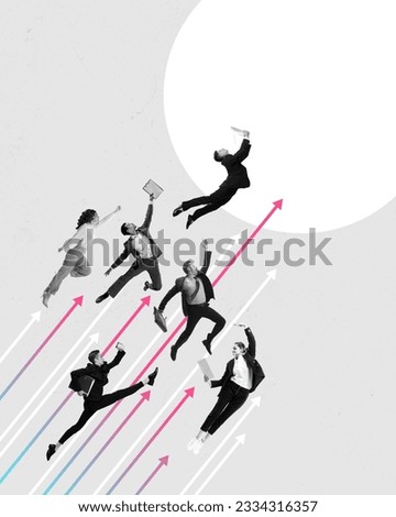 Motivated and hardworking employees rewatching personal and professional success. Promotion and growth. Contemporary artwork. Concept of business, professional challenges, ambitions, office, career Royalty-Free Stock Photo #2334316357
