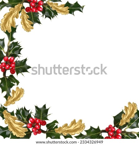 Holly leaf sprigs with red berries and gilded oak leaves forming an abstract border over white background.
