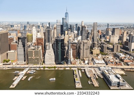 New York City skyline aerial view of Manhattan with World Trade Center skyscraper traveling in the United States