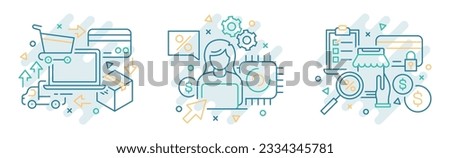 Set of 3 ecommerce online shopping icon illustrations stroke line. Digital payment webshop Vector isolated concept Royalty-Free Stock Photo #2334345781