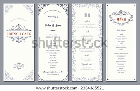 Ornate vertical classic templates. Wedding and restaurant menu. Can be used as horizontal banners, poster, greeting and business card, invitation, flyer, brochure, email header, advertising. Royalty-Free Stock Photo #2334365521