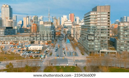 An aerial view of the modern skyline of downtown Toronto, Ontario, Canada