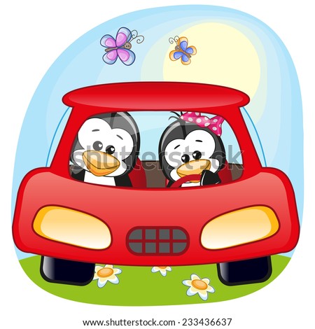 Two Penguins is sitting in a car 