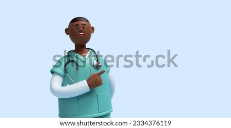 3d render. African young man, funny cartoon character nurse with dark skin wears mint green shirt, shows right direction with finger, open mouth. Medical clip art isolated on blue background