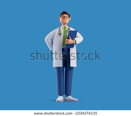 3d render, full body length cartoon character doctor, wears white coat blue trousers and glasses, holds clipboard. Medical clip art isolated on blue background. Professional therapist at work