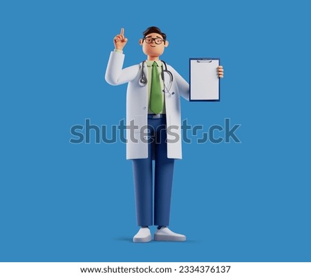 3d render, full body length cartoon character doctor wears white coat and glasses, shows finger up, holds blank clipboard. Health insurance concept. Best choice or recommendation metaphor
