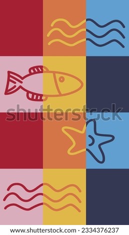 Fish, sea star, wavy beach towel pattern in squares