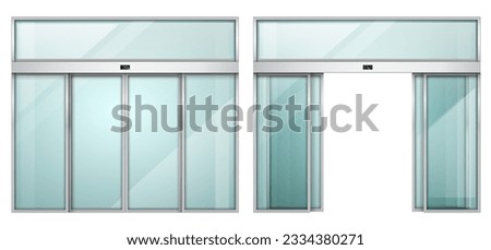 Double sliding glass doors with automatic motion sensor. Entrance to the office, train station, supermarket. Royalty-Free Stock Photo #2334380271