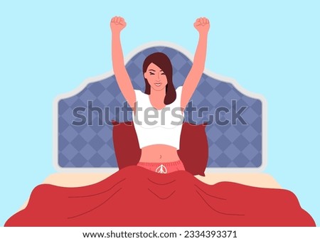 Beautiful young woman stretching in bed after waking up in the morning, daily routine, optimism, vector illustration