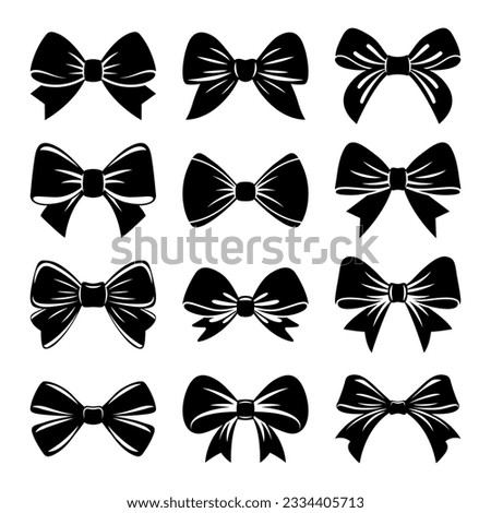 Vector Black and White Bow Tie or Gift Bow Silhouette Cut Out Icon Set Isolated on White Background. Bows Collection. Bow Shape Design Template