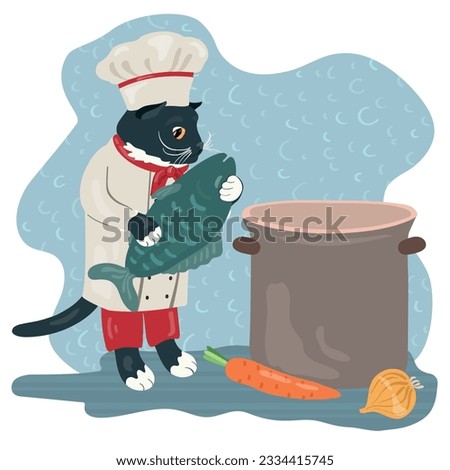 Black cat in chef`s clothes is going to cook fish with vegetables in pan. Hand drawn vector illustration. Suitable for website, stickers, gift postcards, menu.
