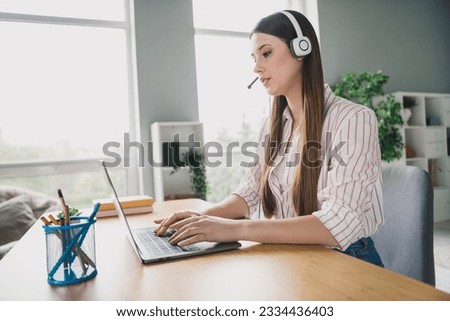 Photo portrait of pretty young girl work call center headset dressed stylish smart casual outfit interior modern furniture loft room office
