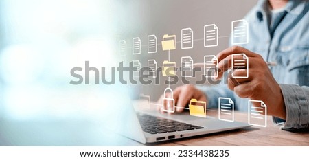 Document Management System concept. Digital asset management, Document imaging, Workflow, Enterprise content management, Records management, Online document file data software for efficient archiving. Royalty-Free Stock Photo #2334438235